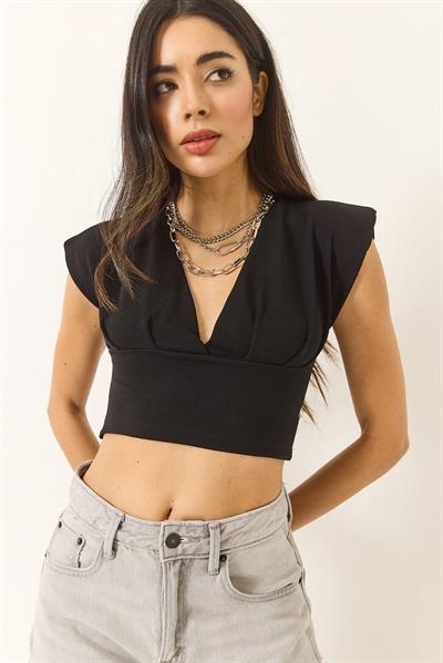 Kadın Hafif Dekolteli Crop Bluz 60284037 - Siyah