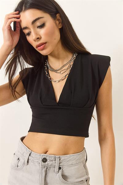 Kadın Hafif Dekolteli Crop Bluz 60284037 - Siyah