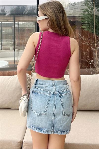 Kadın Halter Yaka Fitilli Kaşkorse Pamuk Crop Bluz 60261566 - Fuşya