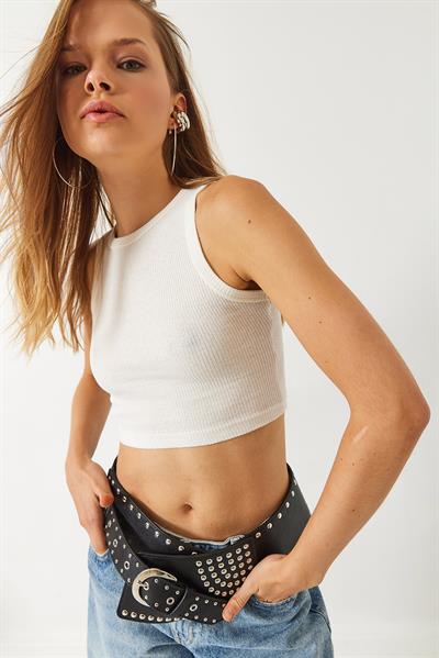Kadın Halter Yaka Fitilli Kaşkorse Pamuk Crop Bluz 60261566 - Ekru