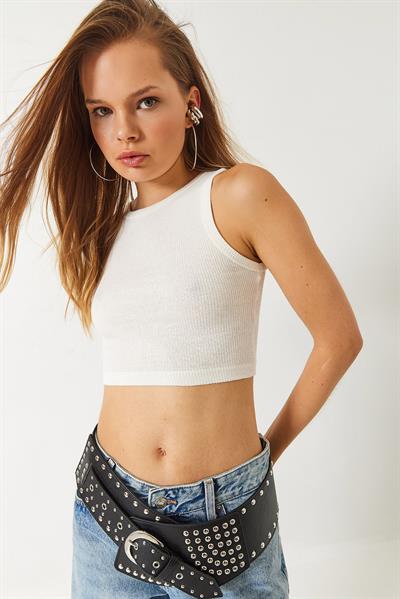 Kadın Halter Yaka Fitilli Kaşkorse Pamuk Crop Bluz 60261566 - Ekru