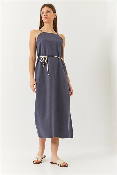Kadın Halter Yaka Kuşak Detaylı Keten Elbise 60261422 - Antrasit