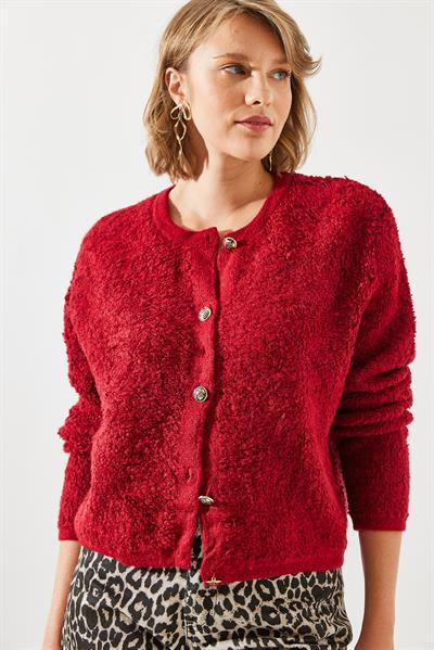 Havlu Desenli Düğmeli Hırka - Bordo