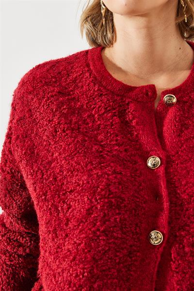 Havlu Desenli Düğmeli Hırka - Bordo