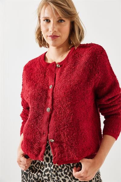 Havlu Desenli Düğmeli Hırka - Bordo