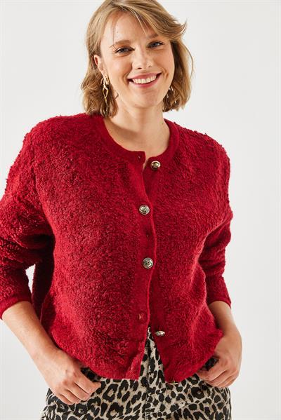 Havlu Desenli Düğmeli Hırka - Bordo