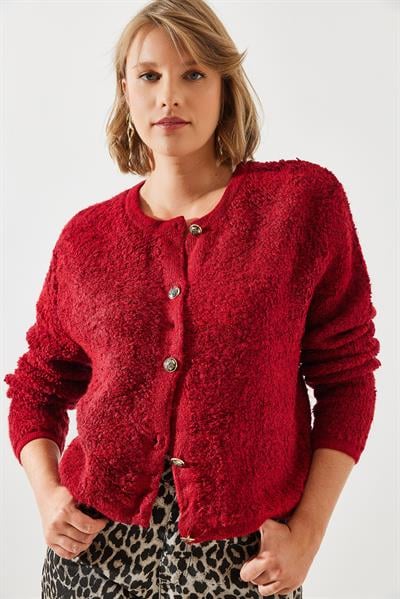 Havlu Desenli Düğmeli Hırka - Bordo