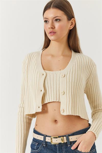 Kadın Hırka Crop Atlet İkili Triko Takım 60261447 - Ekru