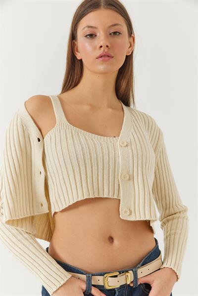 Kadın Hırka Crop Atlet İkili Triko Takım 60261447 - Ekru