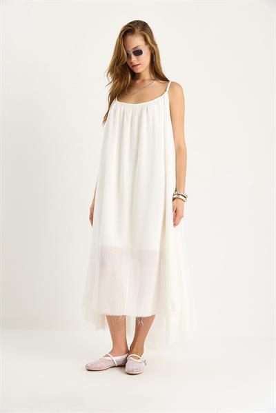 Kadın İnce Askılı Salaş Astarlı Pamuklı Yazlık Uzun Elbise 5971 60281106 - Beyaz