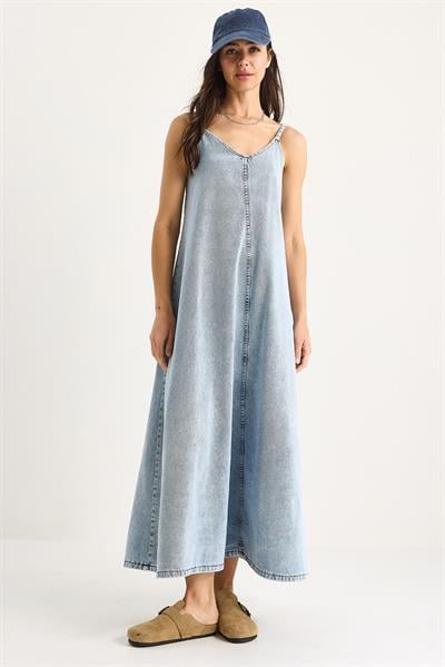 Kadın İnce Askılı Uzun Denim Elbise 6058 60281039 - Kar Yıkama