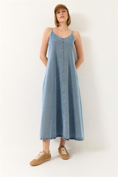 Kadın İnce Askılı Uzun Denim Elbise 6058 60281039 - Buz Mavisi