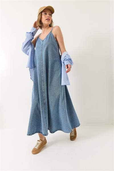 Kadın İnce Askılı Uzun Denim Elbise 6058 60281039 - Buz Mavisi