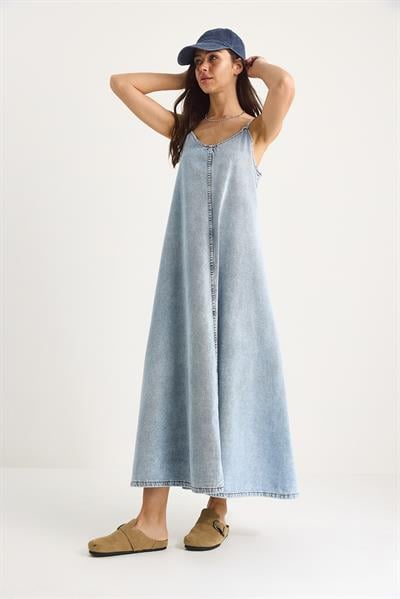 Kadın İnce Askılı Uzun Denim Elbise 6058 60281039 - Kar Yıkama
