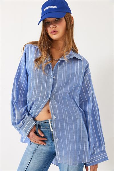 Kadın İnce Çizgili Oversize Gömlek 2024 60271047 - Mavi