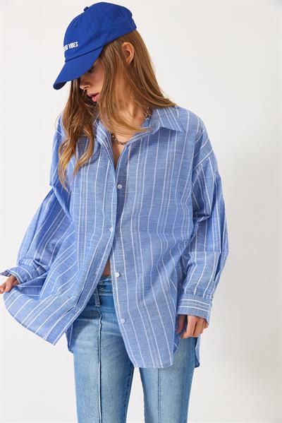 Kadın İnce Çizgili Oversize Gömlek 2024 60271047 - Mavi