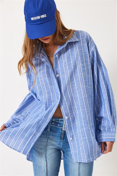 Kadın İnce Çizgili Oversize Gömlek 2024 60271047 - Mavi