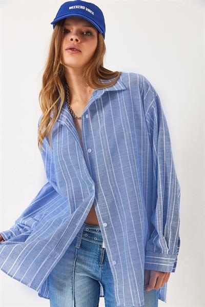 Kadın İnce Çizgili Oversize Gömlek 2024 60271047 - Mavi