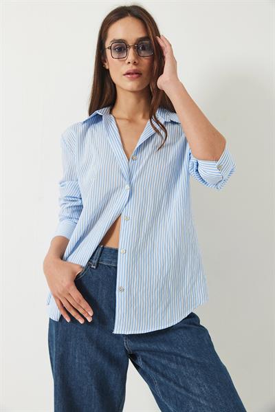Kadın İnce Çizgili Regular Pamuk Basic Poplin Gömlek 2067 60283104 - Mavi