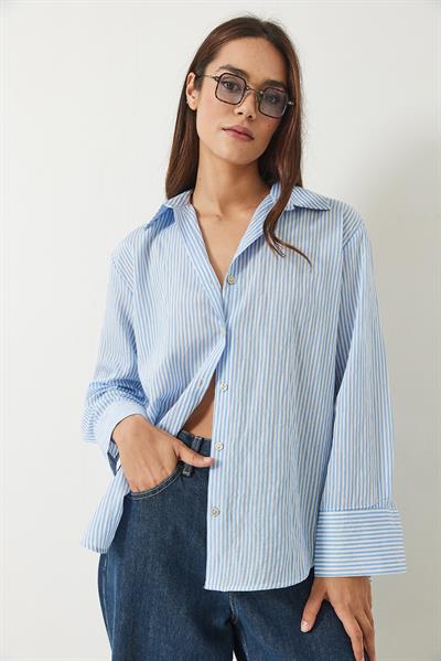 Kadın İnce Çizgili Regular Pamuk Basic Poplin Gömlek 2067 60283104 - Mavi
