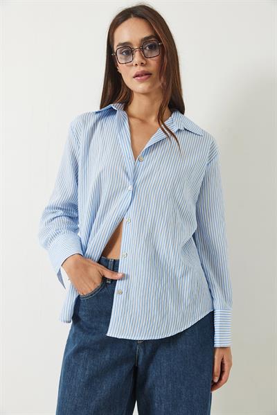 Kadın İnce Çizgili Regular Pamuk Basic Poplin Gömlek 2067 60283104 - Mavi