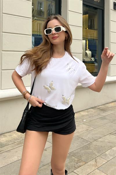 Kadın İnci Taş İşlemeli Penye Tshirt 60211009 - Beyaz