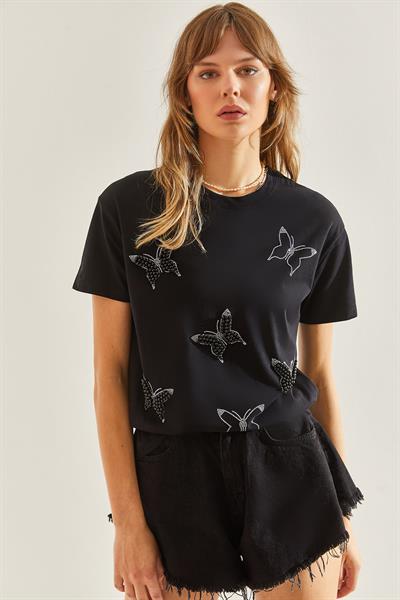 Kadın İnci Taş İşlemeli Penye Tshirt 60211009 - Siyah