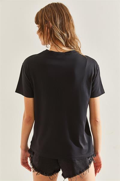 Kadın İnci Taş İşlemeli Penye Tshirt 60211009 - Siyah