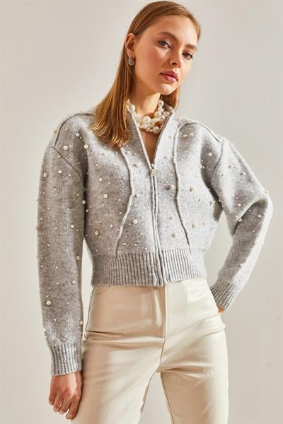 İnci Taş İşlemeli Triko Hırka - Gri