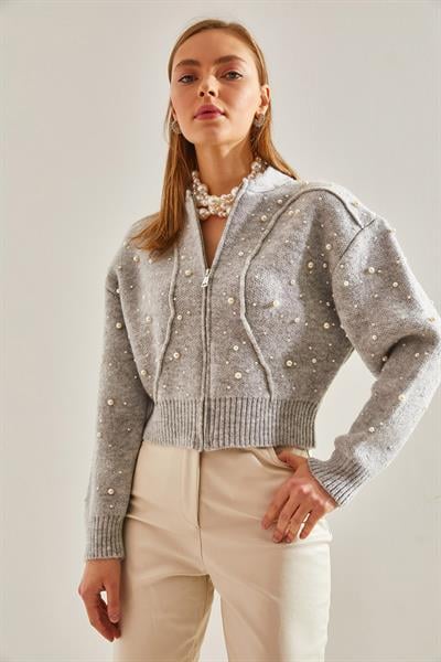 İnci Taş İşlemeli Triko Hırka - Gri