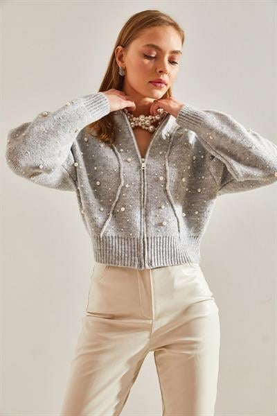 İnci Taş İşlemeli Triko Hırka - Gri