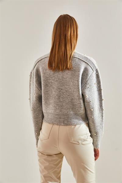 İnci Taş İşlemeli Triko Hırka - Gri