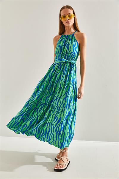 Kadın İp Askılı Desenli Kloş Viskon Elbise 60101011 - Yeşil-Saks