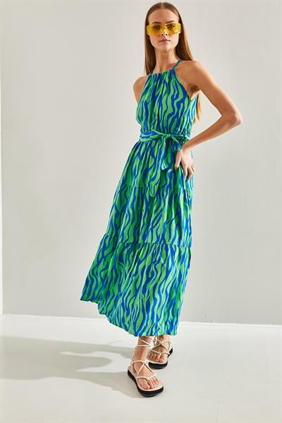 Kadın İp Askılı Desenli Kloş Viskon Elbise 60101011 - Yeşil-Saks