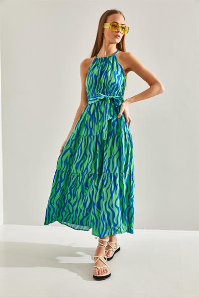 Kadın İp Askılı Desenli Kloş Viskon Elbise 60101011 - Yeşil-Saks