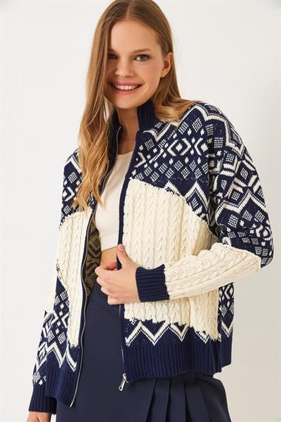 Jakarlı Fermuarlı Triko Hırka 20246327 - Lacivert-Ekru