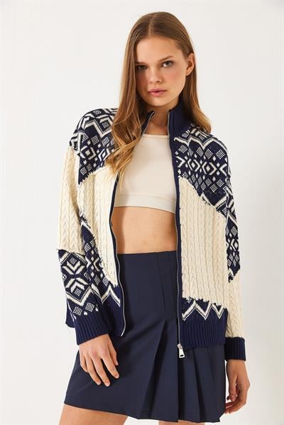 Jakarlı Fermuarlı Triko Hırka 20246327 - Lacivert-Ekru