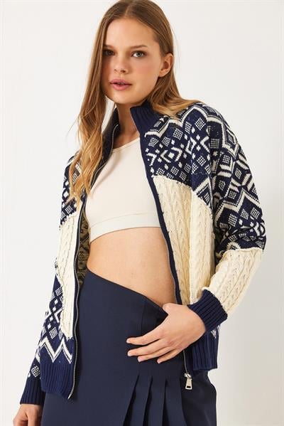 Jakarlı Fermuarlı Triko Hırka 20246327 - Lacivert-Ekru