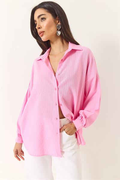 Kadın Jakarlı Keten Gömlek 60171028 - Pembe