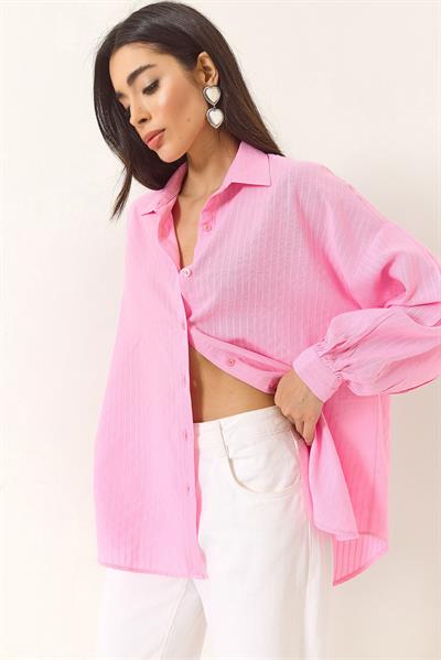 Kadın Jakarlı Keten Gömlek 60171028 - Pembe