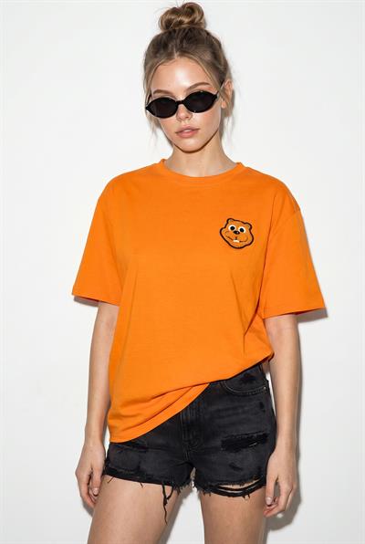 Kadın %100 Cotton Nakışlı Teddy Detaylı Bisiklet Yaka T-Shirt 60382610 - turuncu