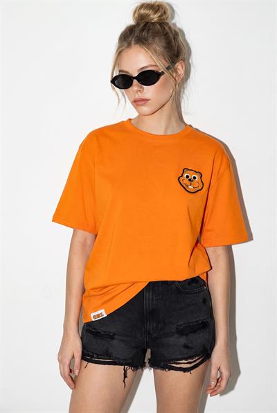 Kadın %100 Cotton Nakışlı Teddy Detaylı Bisiklet Yaka T-Shirt 60382610 - turuncu