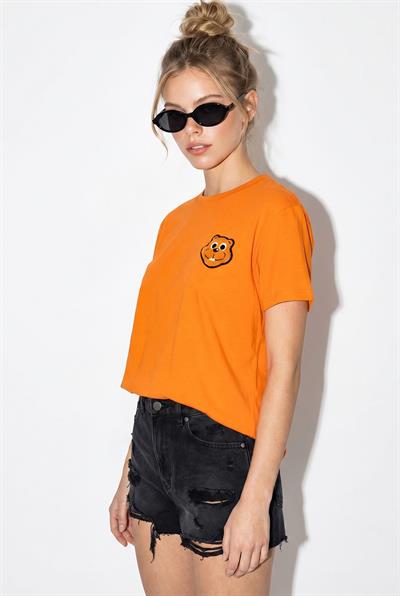 Kadın %100 Cotton Nakışlı Teddy Detaylı Bisiklet Yaka T-Shirt 60382610 - turuncu