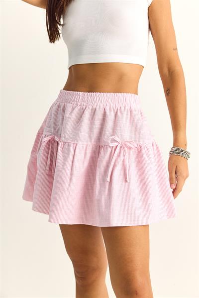 Kadın %100 Pamuk Beli Lastikli Fiyonk Detaylı Çizgili Mini Etek 60282044 - Beyaz-Pembe