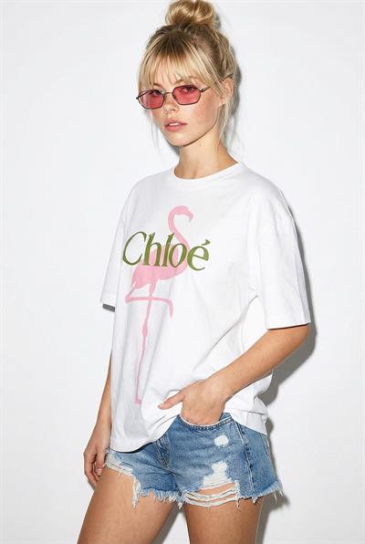 Kadın %100 Pamuk Bisiklet Yaka Flamingo Baskılı Oversize T-Shirt ÖT261016 60286079 - Beyaz