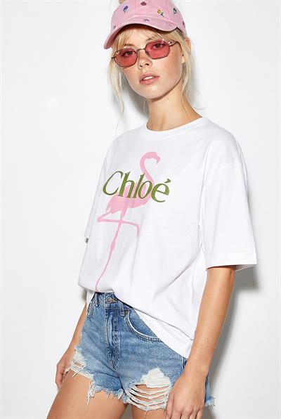 Kadın %100 Pamuk Bisiklet Yaka Flamingo Baskılı Oversize T-Shirt ÖT261016 60286079 - Beyaz