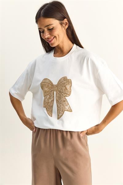 Kadın %100 Pamuk Bisiklet Yaka Kadife Fiyonk Baskılı Oversize T-Shirt ÖT261034 60286083 - Beyaz-Bej