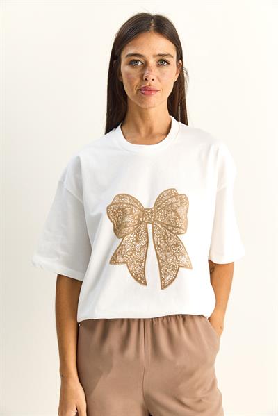 Kadın %100 Pamuk Bisiklet Yaka Kadife Fiyonk Baskılı Oversize T-Shirt ÖT261034 60286083 - Beyaz-Bej