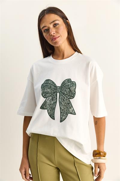 Kadın %100 Pamuk Bisiklet Yaka Kadife Fiyonk Baskılı Oversize T-Shirt ÖT261034 60286083 - Beyaz-Yeşil