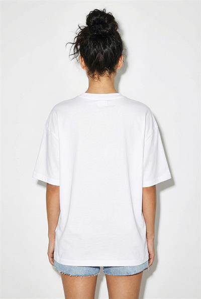 Kadın %100 Pamuk Bisiklet Yaka Kadife Fiyonk Baskılı Oversize T-Shirt ÖT261034 60286083 - Beyaz